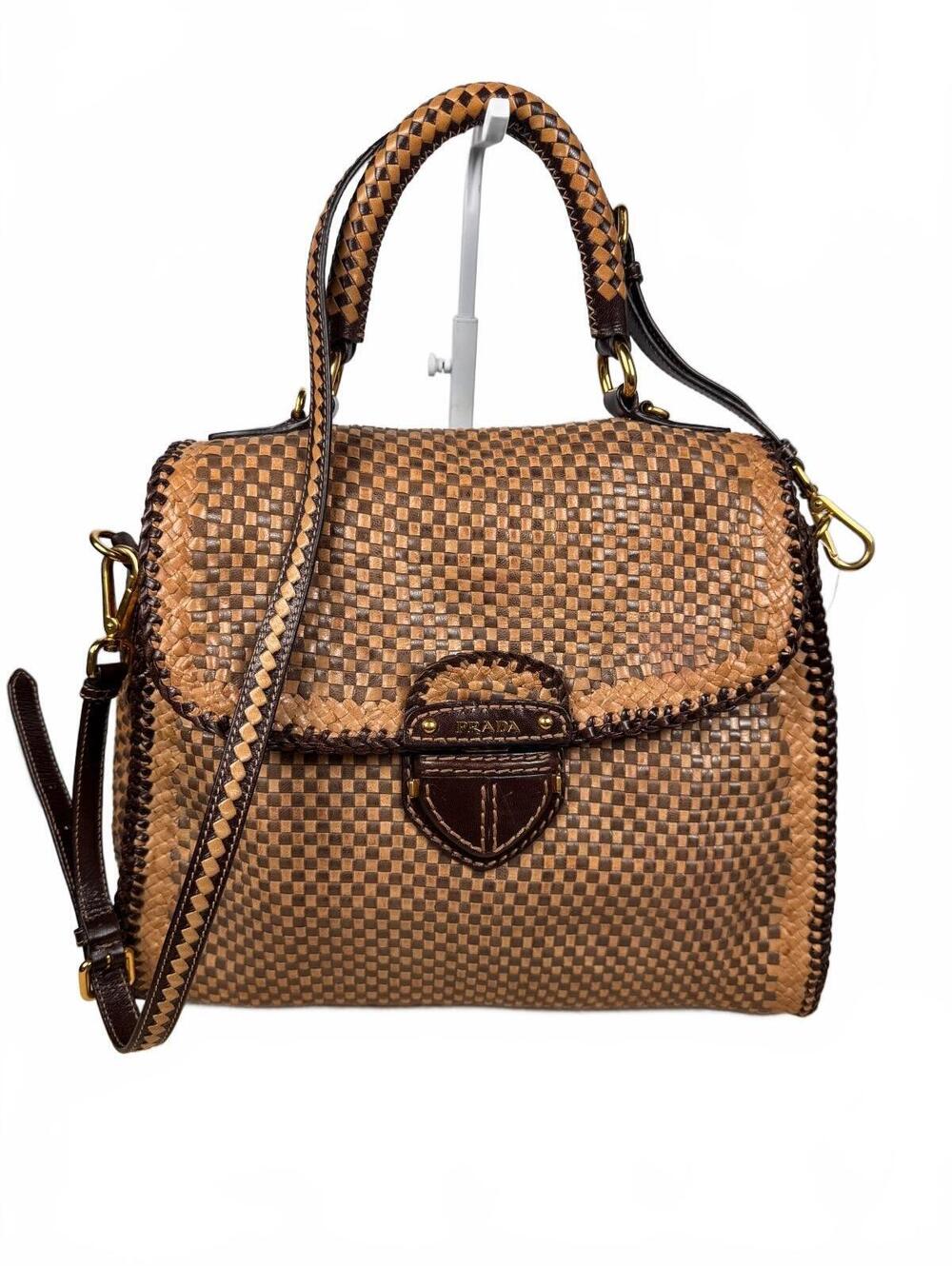 Prada Madras Woven Goatskin Leather Top Handle Satchel Bag Black Tan India